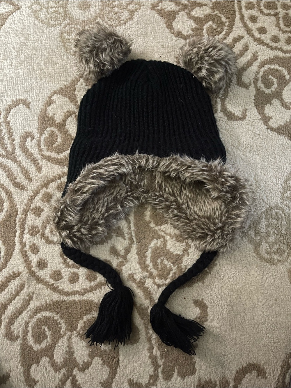 Kids Black Faux Fur Lined Pom Pom Hat